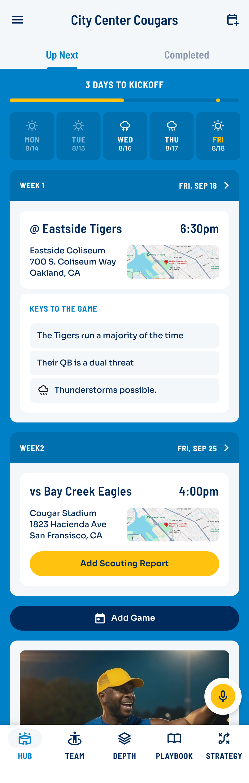 Youth football coaching app gameday hub with live score tracking