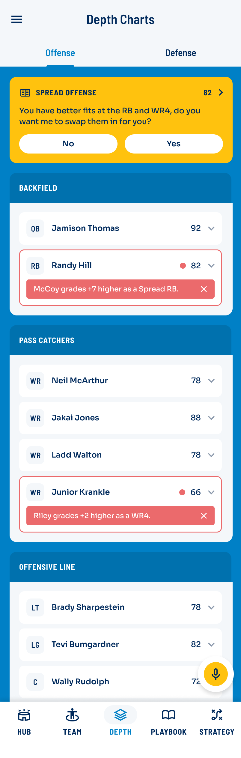 Football depth chart app with optimized offense depth and fit suggestions